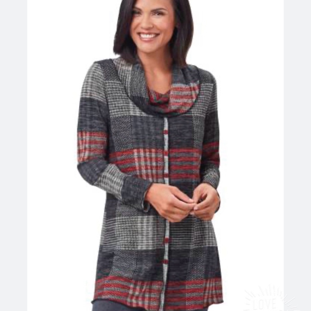 Pure Essence Plaid Cowl Neck Sweater - Black, Gray, Red